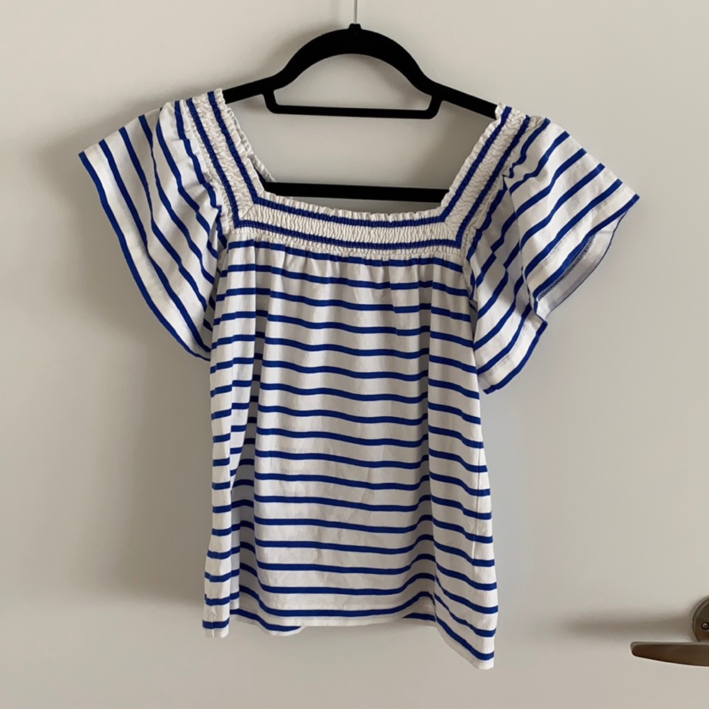 White and blue striped top - square smocked neck